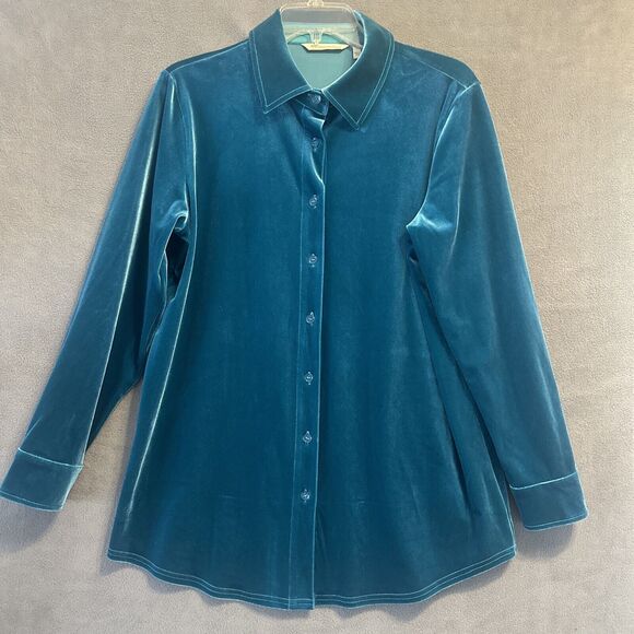 Soft Surroundings Velvet Boyfriend Shirt Size Small Teal Blue Button Down Top - Picture 1 of 6